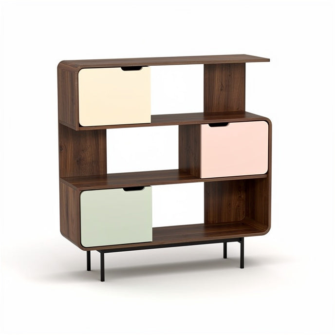 **Modern Wooden Shelf with Colorful Drawers**