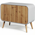 **Modern Wooden Accent Cabinet with Slatted Front and Minimalist Design**