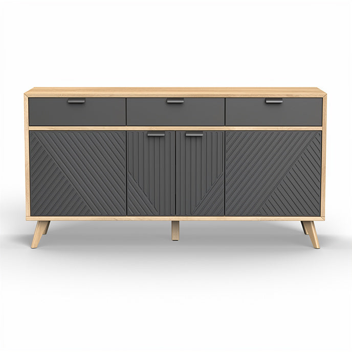 **Modern Geometric Sideboard with Oak Finish and Textured Doors**